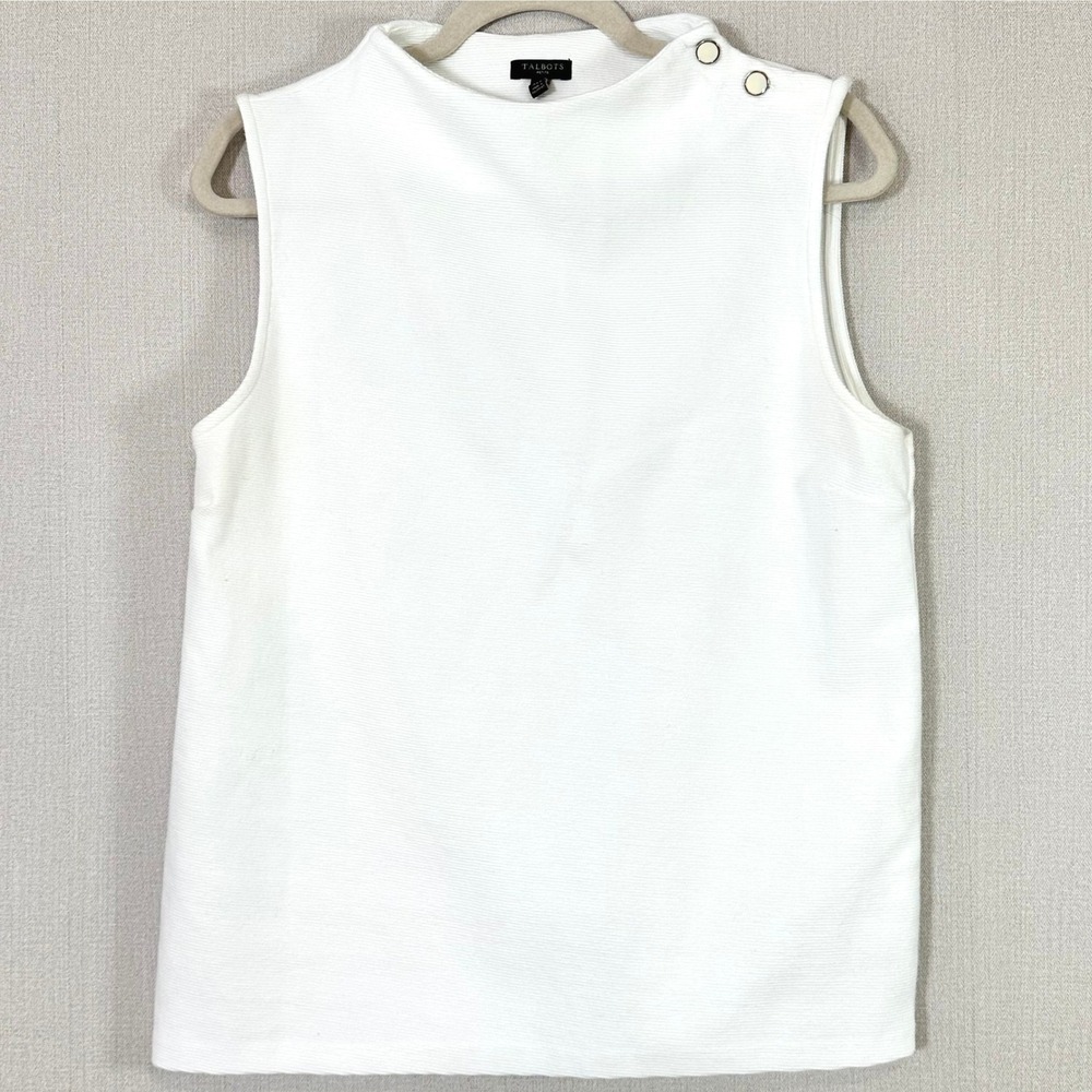 Talbots White Textured Knit Sleeveless Top Gold Buttons XL Petite Minimalist